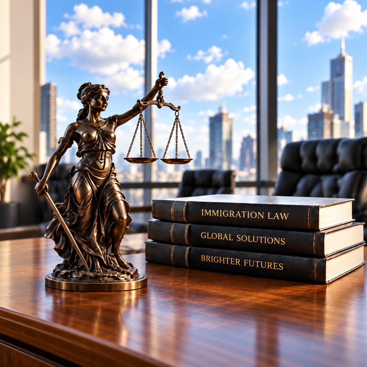 Justice statue and law books at the Akula & Associates Dallas office
